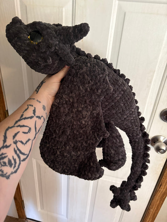 LuvKnotz Large Black TAIRN CLUBTAIL Adult Dragon Handmade Crochet - Soft Chenille Yarn, Approx. 4' Long, Hand Painted Eyes, OOAK stuffed animals