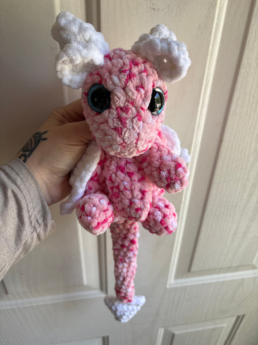MandaPanda Pink White Baby Dragon Handmade Crochet - Soft Chenille Yarn, Approx. 14" Long, Hand Painted Eyes, OOAK stuffed animals