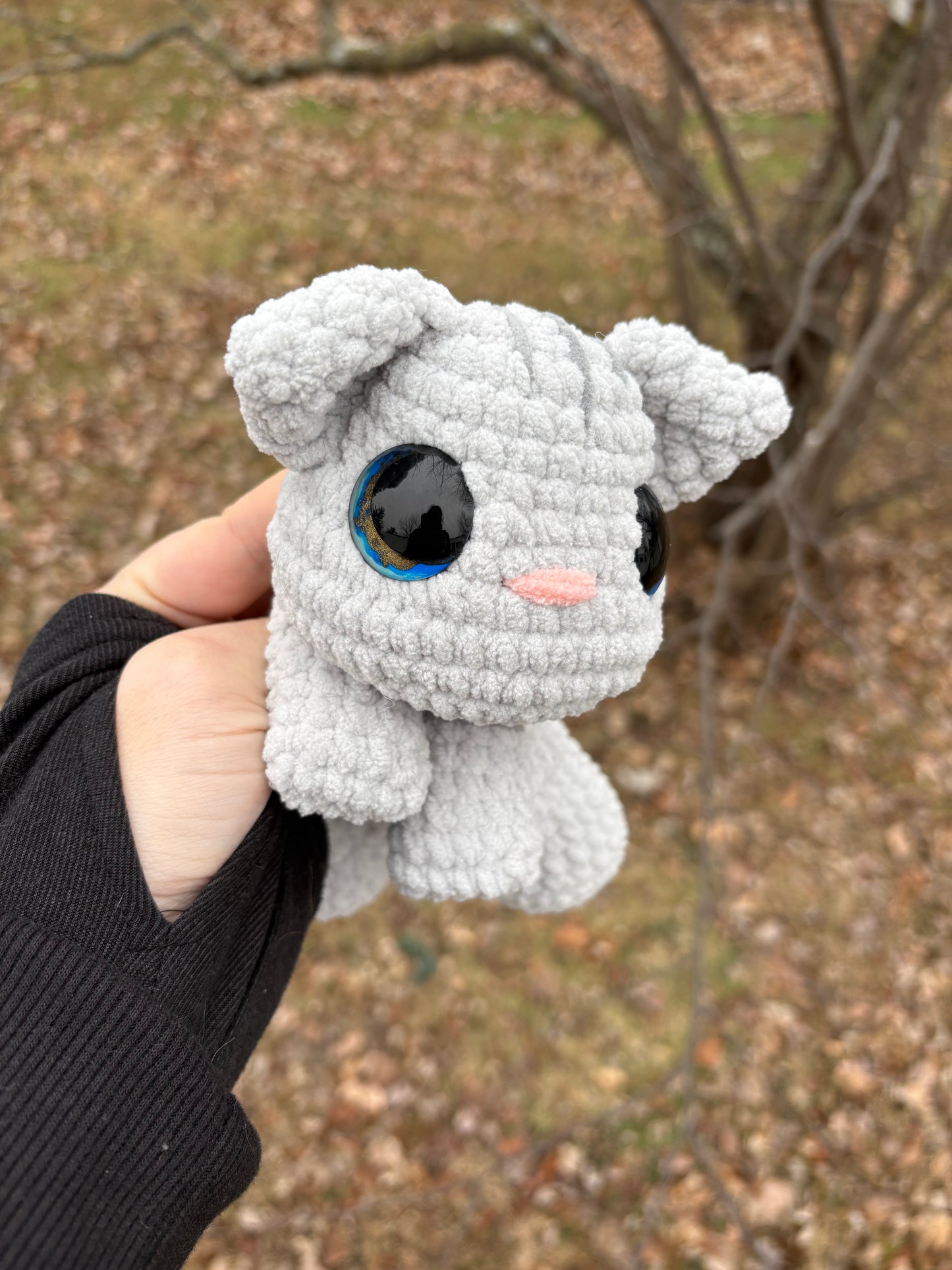 Floppy Grey - LuvKnotz Medium Cat Handmade Crochet - Soft Chenille Yarn, Approx. 10” Long, Hand Painted Eyes, OOAK stuffed animals