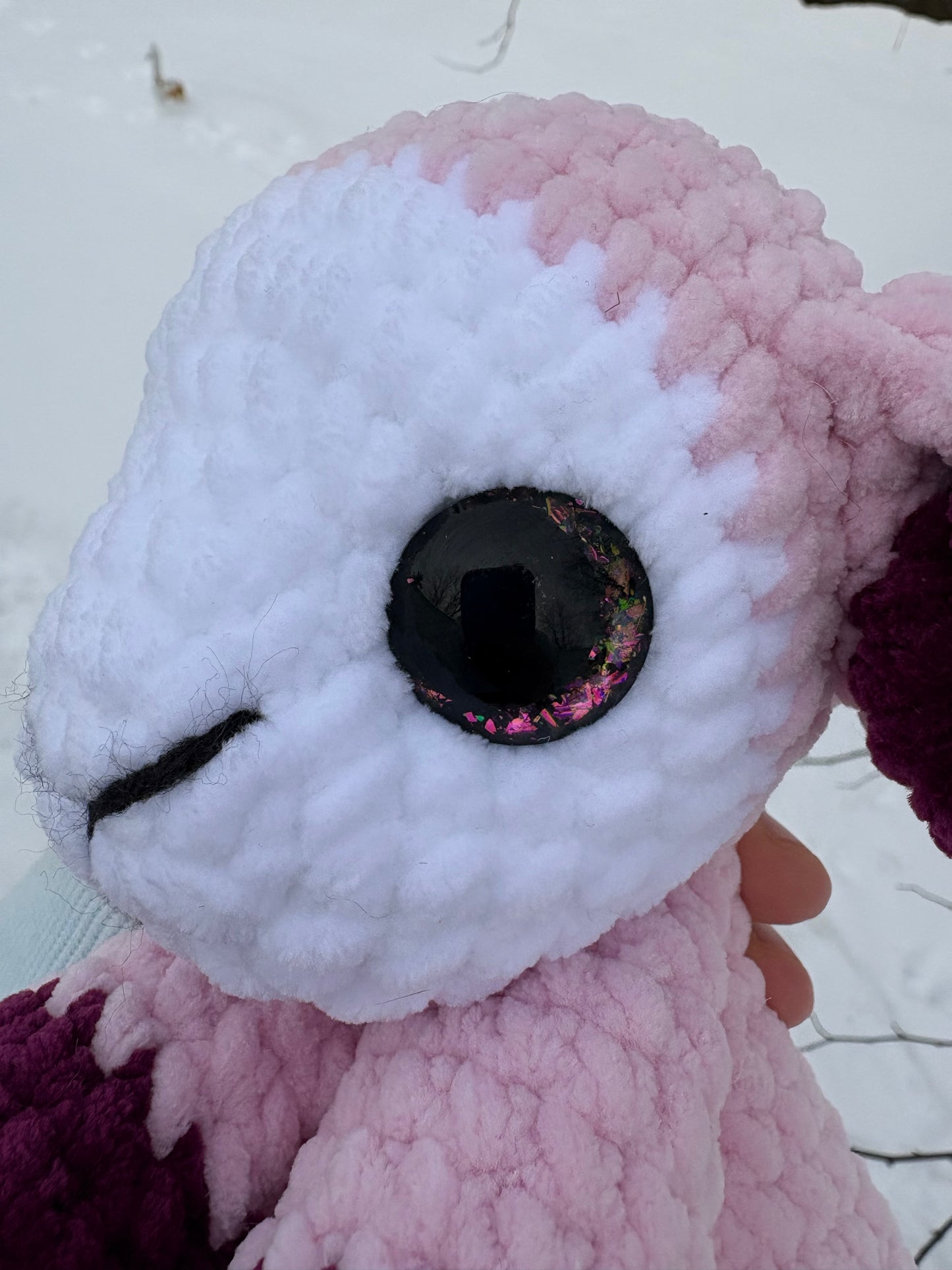 Floppy Pink - LuvKnotz Baby Lamb Handmade Crochet - Soft Chenille Yarn, Approx. 12” Long, Hand Painted Eyes, OOAK stuffed animals