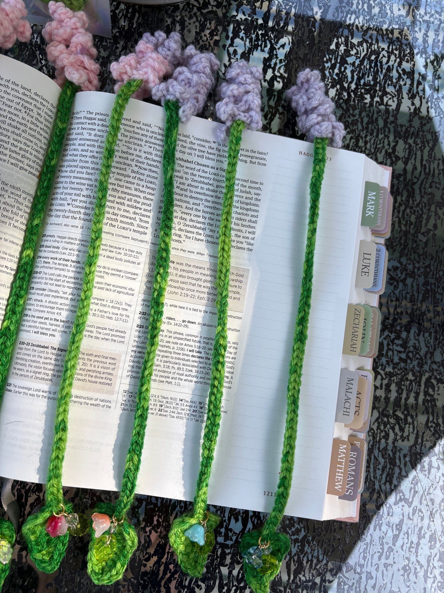 Lavender Leaf Bookmark with charms - LuvKnotz uniquely handmade crochet - bible study book reading fantasy floral dangle marker - approx 8” long