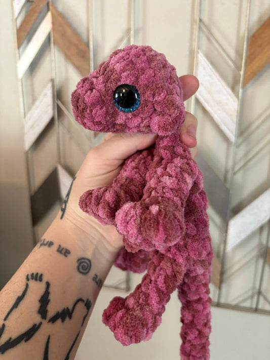 LuvKnotz Small Red Dappled Baby Dragon Handmade Crochet - Soft Chenille Yarn, Approx. 14" Long, Hand Painted Eyes, OOAK stuffed animals
