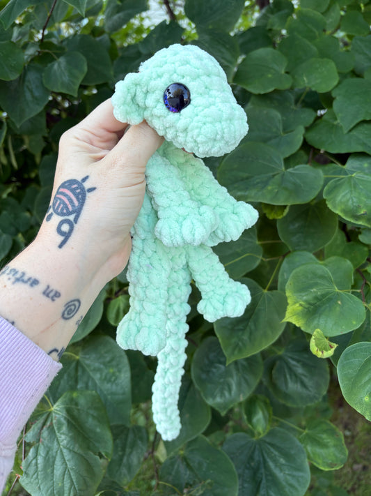 LuvKnotz Small Light Aqua Baby Dragon Handmade Crochet - Soft Chenille Yarn, Approx. 14" Long, Purple Eyes, OOAK stuffed animals