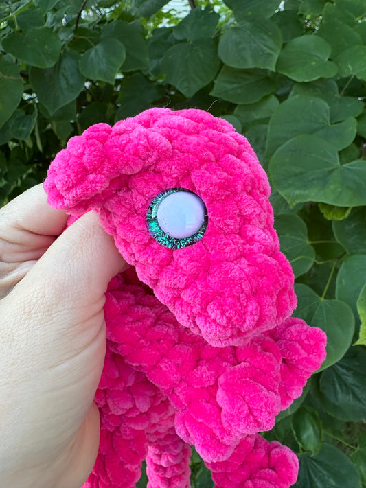 LuvKnotz Small Hot Pink Baby Dragon Handmade Crochet - Soft Chenille Yarn, Approx. 14" Long, White Green Eyes, OOAK stuffed animals