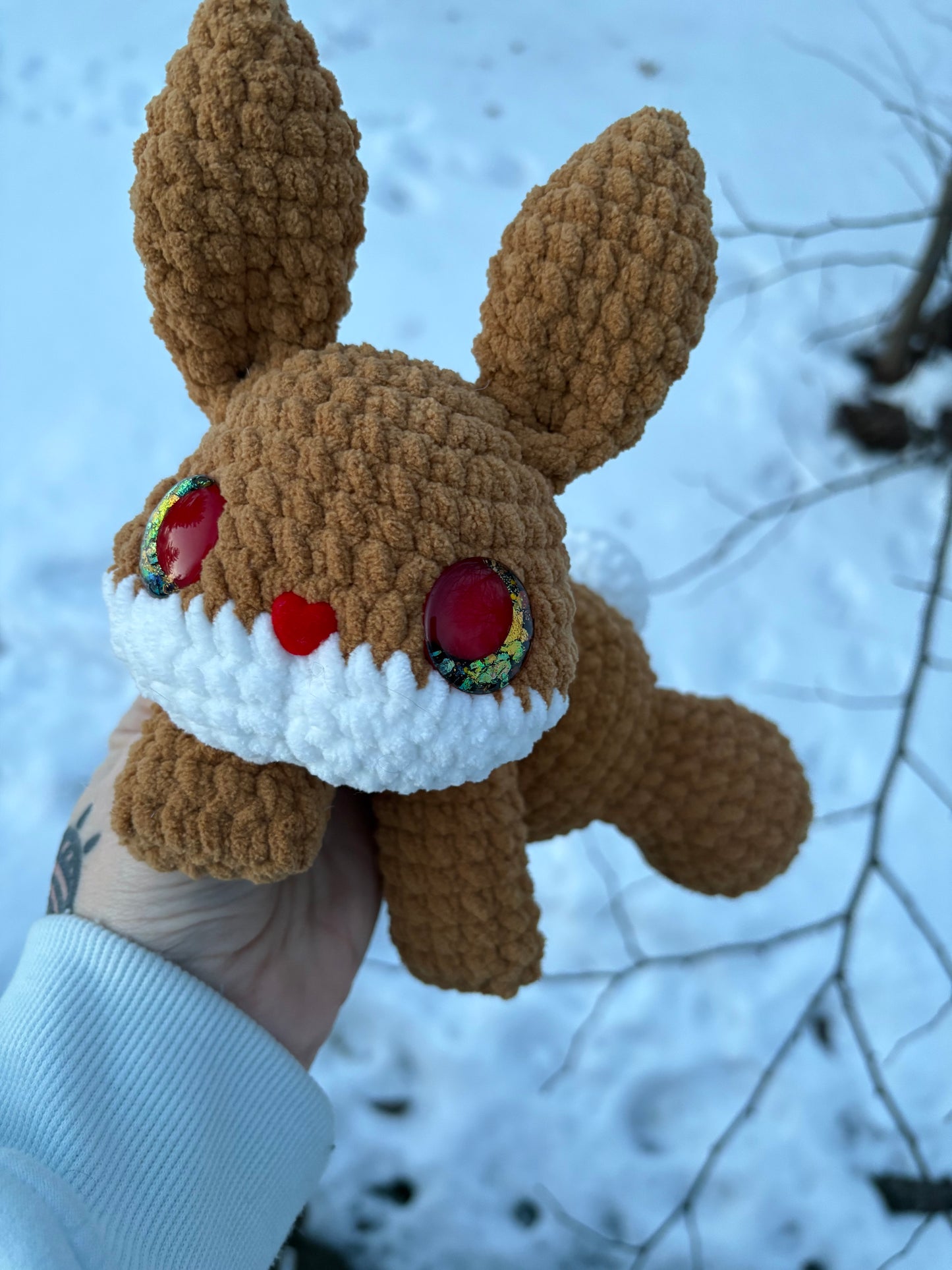 Floppy Brown - LuvKnotz Baby Bunny Rabbit Handmade Crochet - Soft Chenille Yarn, Approx. 10” Long, Hand Painted Eyes, OOAK stuffed animals