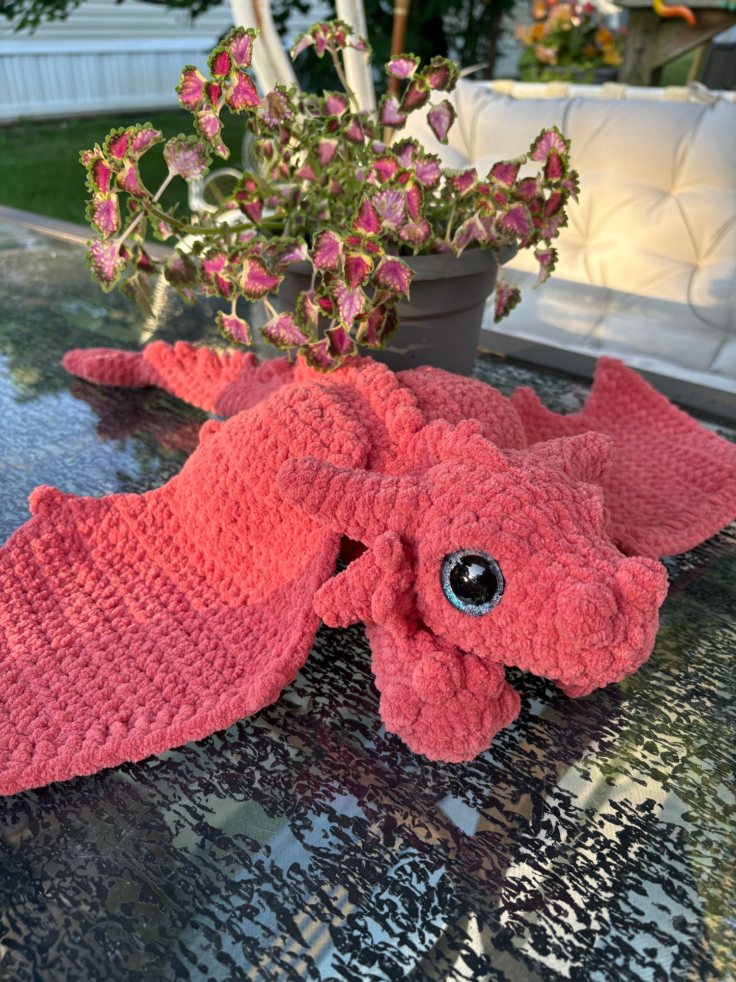 Large Floppy Orange - LuvKnotz Baby Dragon Handmade Crochet - Soft Chenille Yarn, Approx. 18” Long, Hand Painted Eyes, OOAK stuffed animals