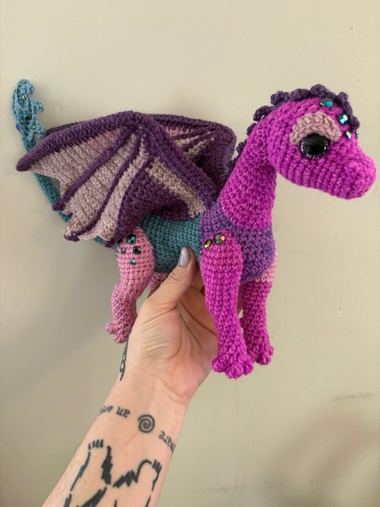 LuvKnotz Large Multicolor Wired Dragon Handmade Crochet - Soft Chenille Yarn, Approx. 14" Long, pink/orange Glitter Eyes, OOAK stuffed animals
