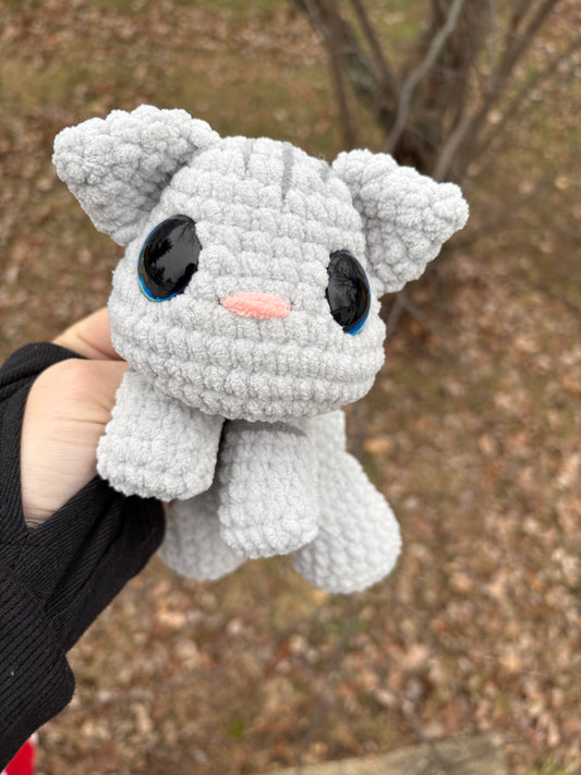 Floppy Grey - LuvKnotz Medium Cat Handmade Crochet - Soft Chenille Yarn, Approx. 10” Long, Hand Painted Eyes, OOAK stuffed animals