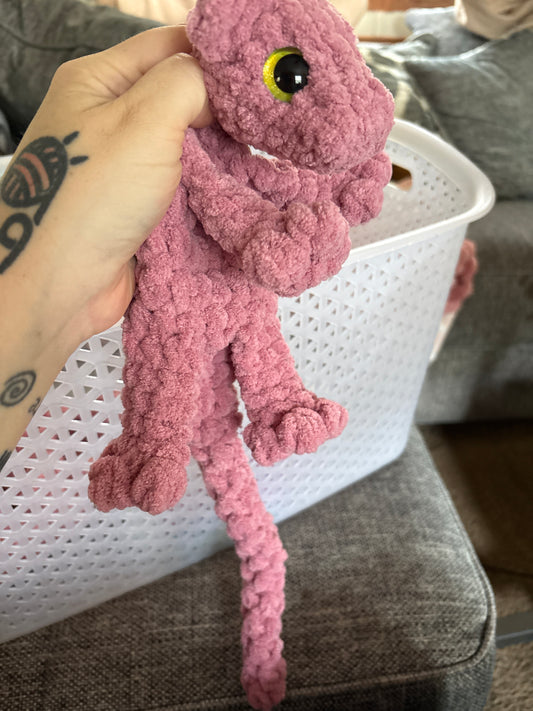 LuvKnotz Small Pink Mauge Baby Dragon Handmade Crochet - Soft Chenille Yarn, Approx. 14" Long, Green Eyes, OOAK stuffed animals