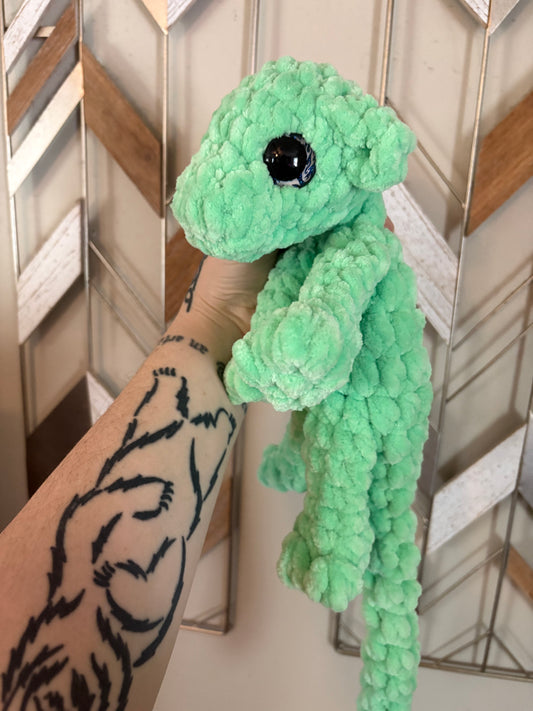 LuvKnotz Large Green Baby Dragon Handmade Crochet - Soft Chenille Yarn, Approx. 24" Long, Flame Eyes, OOAK stuffed animals