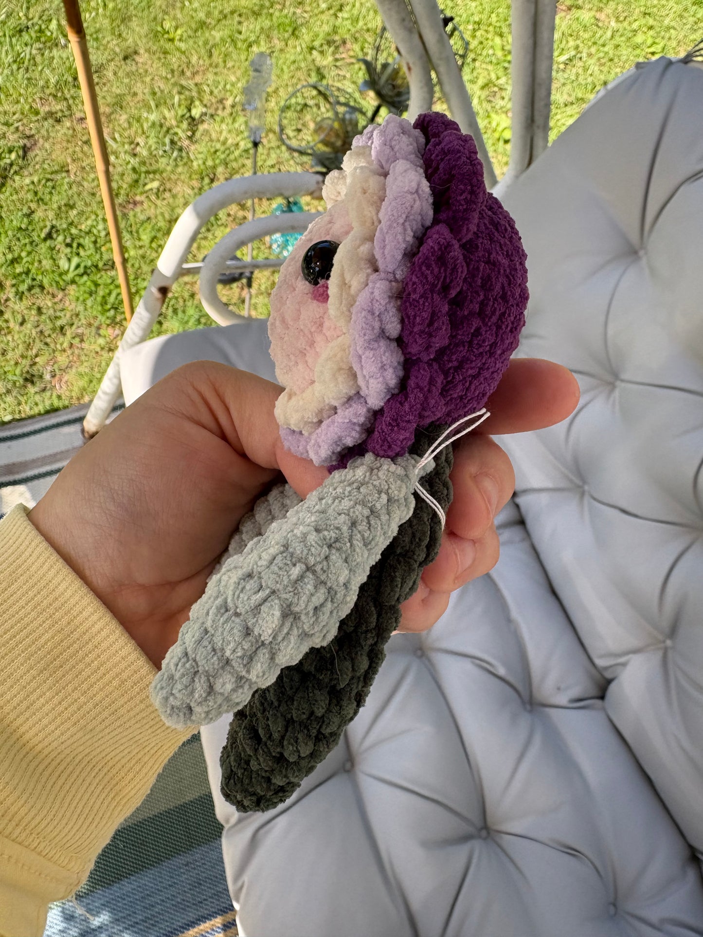 LuvKnotz Small Purple Pansy Flower Creature Handmade Crochet - Soft Chenille Yarn, Approx. 6" tall, OOAK stuffed animals