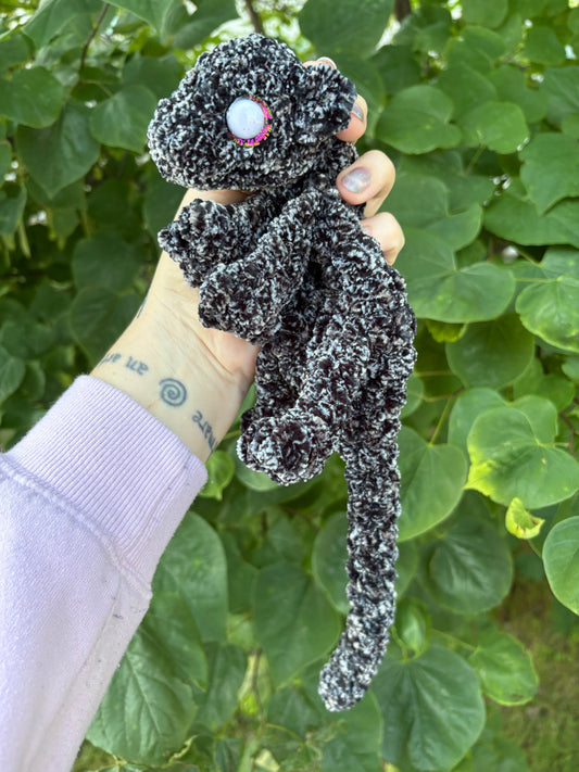 LuvKnotz Small Black White Baby Dragon Handmade Crochet - Soft Chenille Yarn, Approx. 14" Long, White Pink Eyes, OOAK stuffed animals