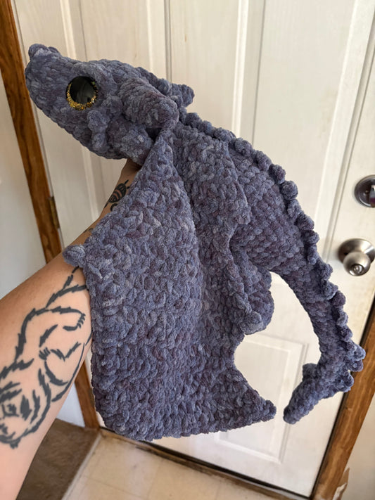 LuvKnotz Large Blue SGAEYL DAGGERTAIL Adult Dragon Handmade Crochet - Soft Chenille Yarn, Approx. 4' Long, Hand Painted Eyes, OOAK stuffed animals
