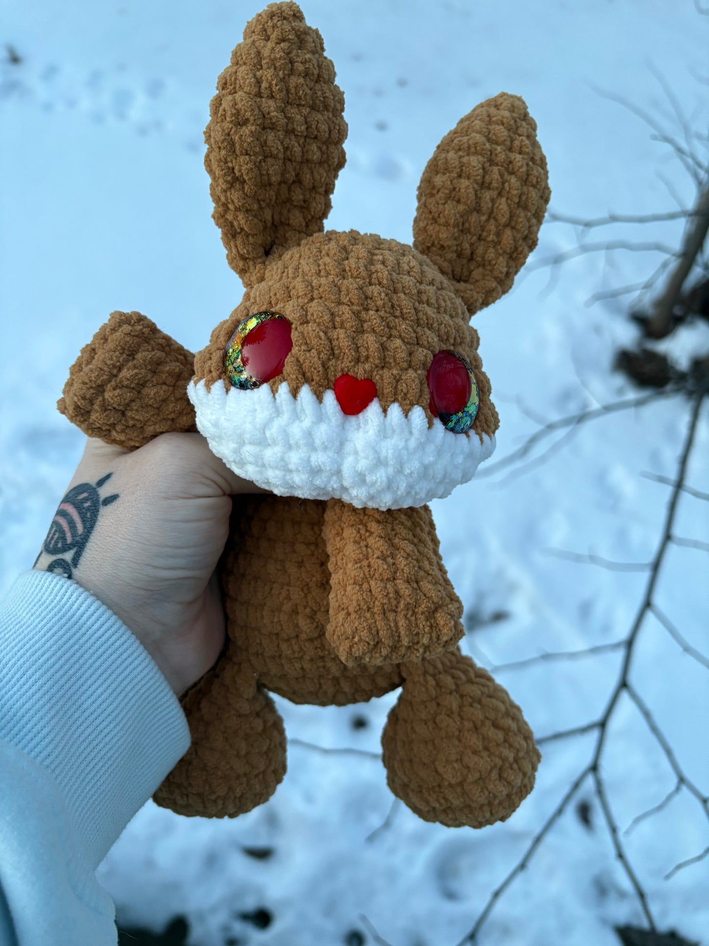 Floppy Brown - LuvKnotz Baby Bunny Rabbit Handmade Crochet - Soft Chenille Yarn, Approx. 10” Long, Hand Painted Eyes, OOAK stuffed animals