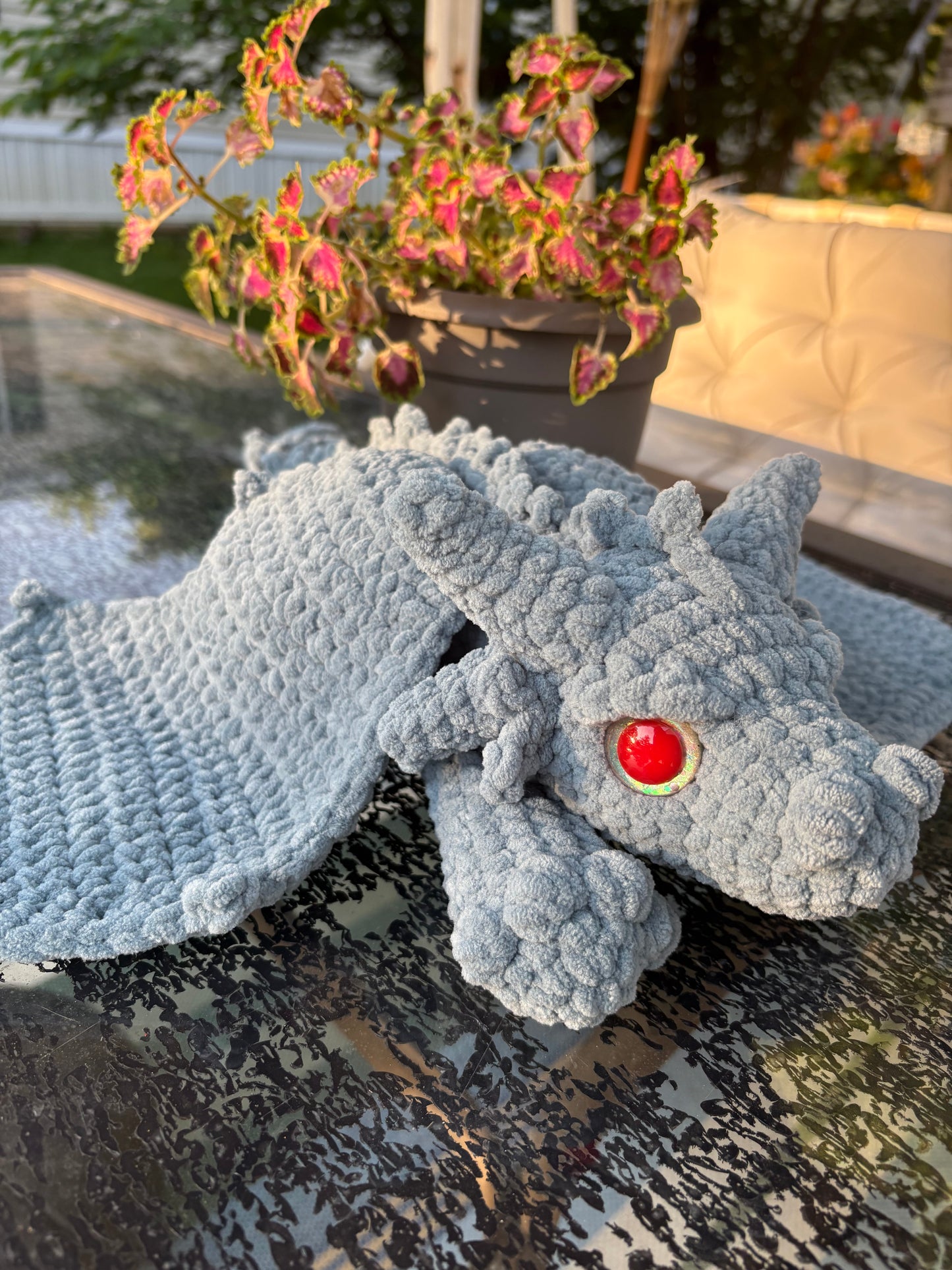 Large Floppy Blue - LuvKnotz Baby Dragon Handmade Crochet - Soft Chenille Yarn, Approx. 18” Long, Hand Painted Eyes, OOAK stuffed animals