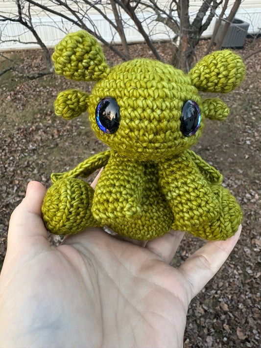 Floppy Light Green - LuvKnotz Baby Dragon Handmade Crochet - Soft Chenille Yarn, Approx. 10” Long, Hand Painted Eyes, OOAK stuffed animals