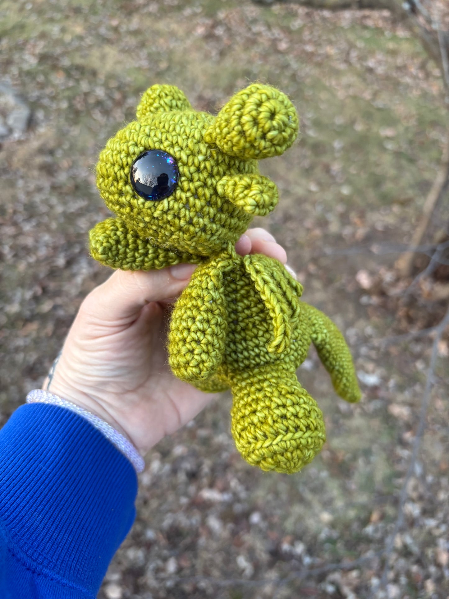 Floppy Light Green - LuvKnotz Baby Dragon Handmade Crochet - Soft Chenille Yarn, Approx. 10” Long, Hand Painted Eyes, OOAK stuffed animals