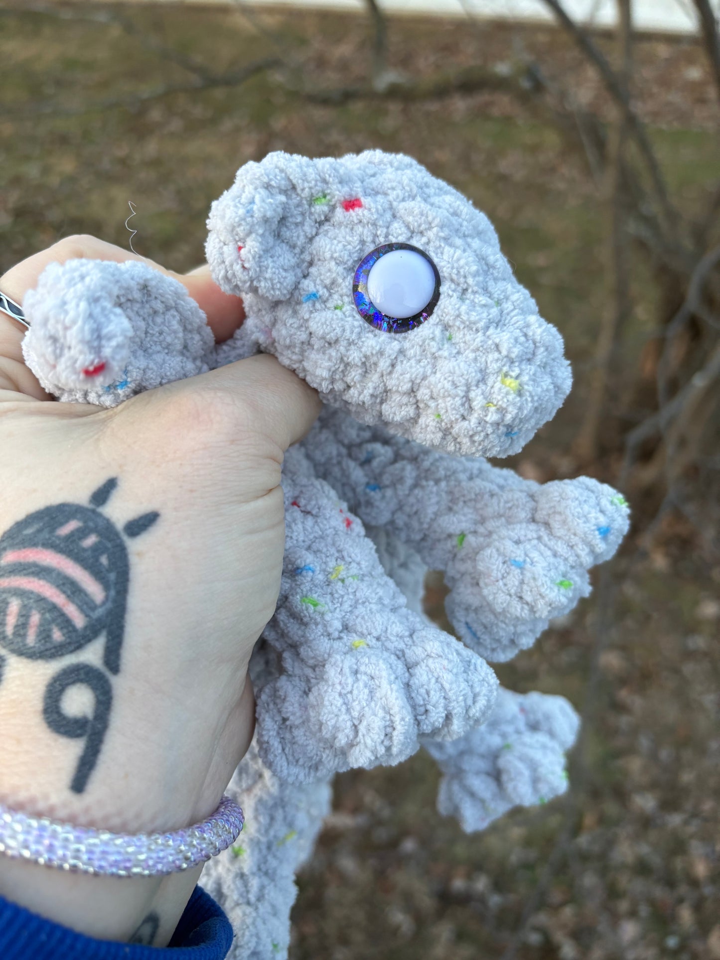 Grey - LuvKnotz Baby Dragon Handmade Crochet - Soft Chenille Yarn, Approx. 14" Long, Hand Painted Eyes, OOAK stuffed animals