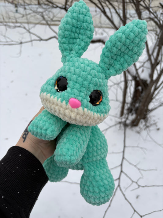 Floppy Mint - LuvKnotz Baby Bunny Rabbit Handmade Crochet - Soft Chenille Yarn, Approx. 12” Long, Hand Painted Eyes, OOAK stuffed animals