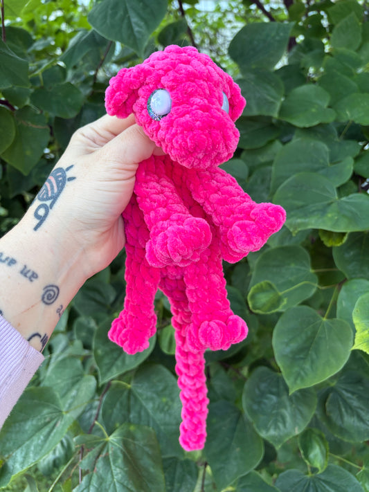 LuvKnotz Small Hot Pink Baby Dragon Handmade Crochet - Soft Chenille Yarn, Approx. 14" Long, White Green Eyes, OOAK stuffed animals