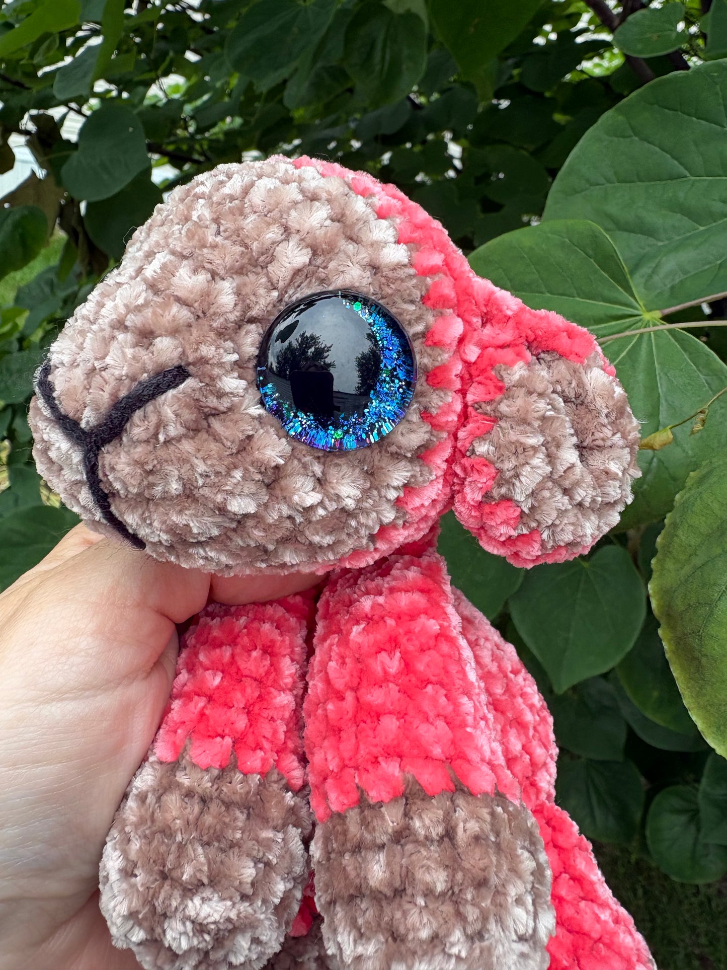 Floppy Pink - LuvKnotz Baby Lamb Handmade Crochet - Soft Chenille Yarn, Approx. 12” Long, Hand Painted Eyes, OOAK stuffed animals