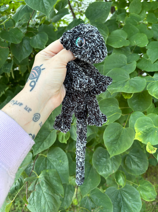 LuvKnotz Small Black White Baby Dragon Handmade Crochet - Soft Chenille Yarn, Approx. 14" Long, Dragon Green Eyes, OOAK stuffed animals