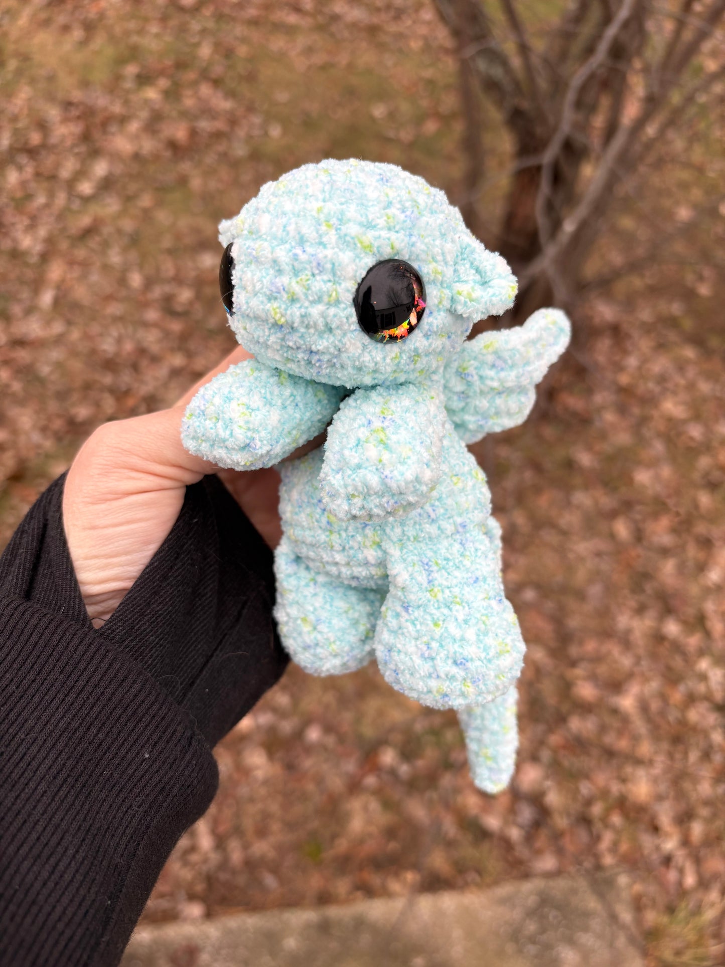 Floppy Light Blue - LuvKnotz Baby Dragon Handmade Crochet - Soft Chenille Yarn, Approx. 10” Long, Hand Painted Eyes, OOAK stuffed animals