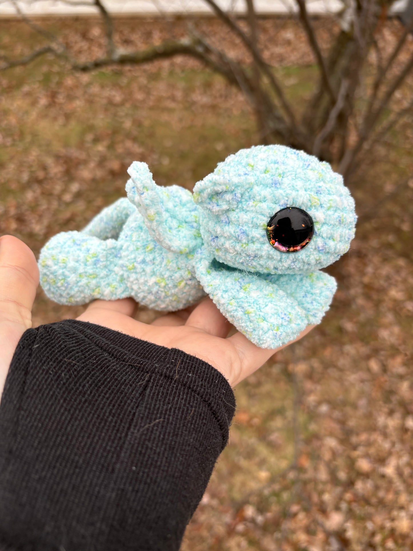 Floppy Light Blue - LuvKnotz Baby Dragon Handmade Crochet - Soft Chenille Yarn, Approx. 10” Long, Hand Painted Eyes, OOAK stuffed animals
