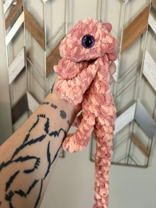 LuvKnotz Small Pink Dappled Baby Dragon Handmade Crochet - Soft Chenille Yarn, Approx. 14" Long, Hand Painted Eyes, OOAK stuffed animals