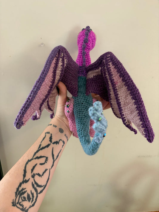 LuvKnotz Large Multicolor Wired Dragon Handmade Crochet - Soft Chenille Yarn, Approx. 14" Long, pink/orange Glitter Eyes, OOAK stuffed animals