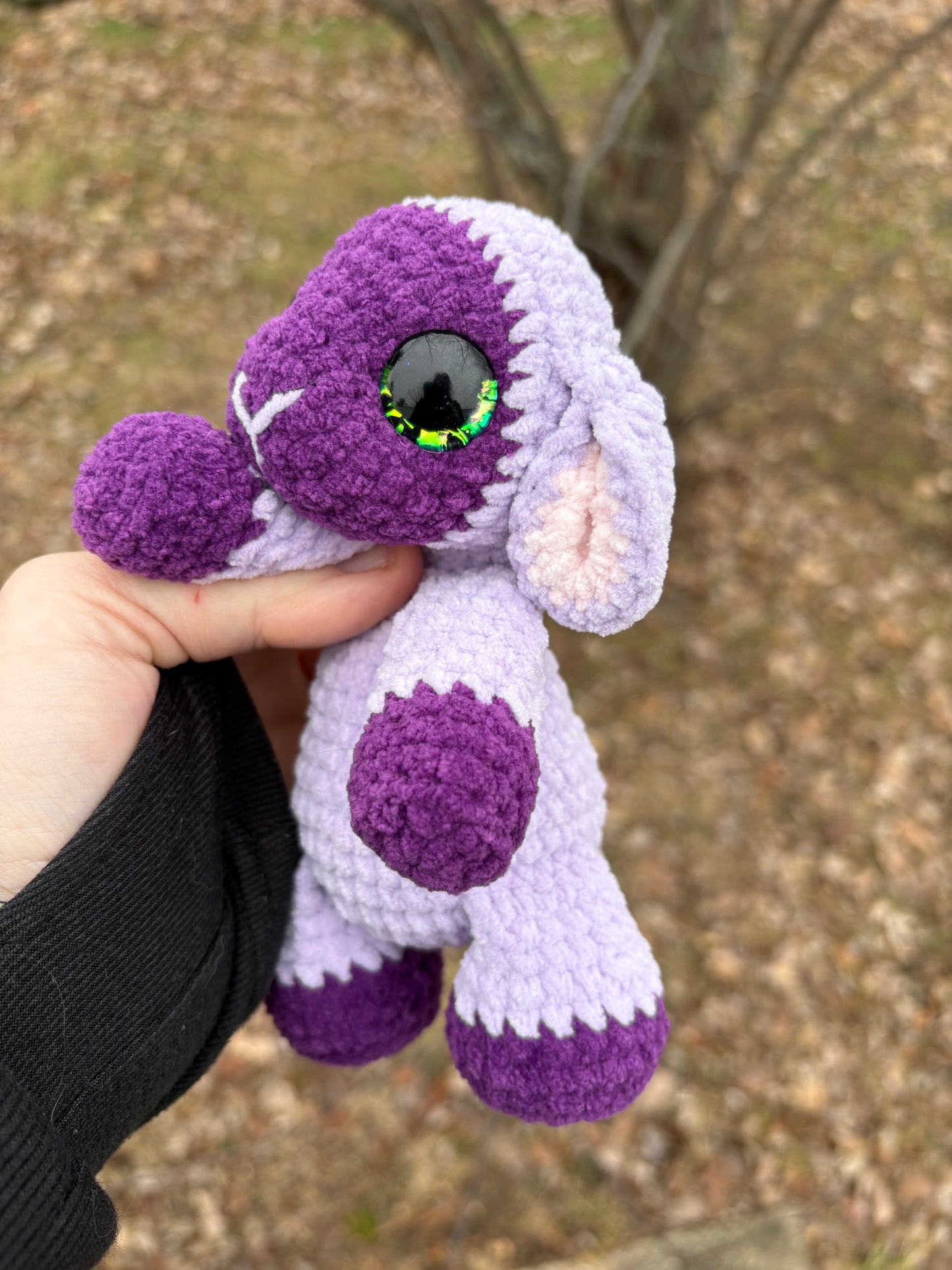 Floppy Purple - LuvKnotz Baby Lamb Handmade Crochet - Soft Chenille Yarn, Approx. 8” Long, Hand Painted Eyes, OOAK stuffed animals