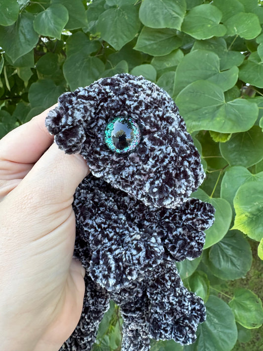 LuvKnotz Small Black White Baby Dragon Handmade Crochet - Soft Chenille Yarn, Approx. 14" Long, Dragon Green Eyes, OOAK stuffed animals
