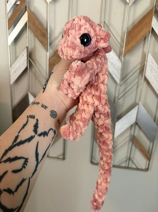 LuvKnotz Small Pink Dappled Baby Dragon Handmade Crochet - Soft Chenille Yarn, Approx. 14" Long, Hand Painted Eyes, OOAK stuffed animals
