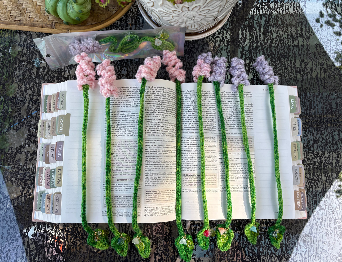 Lavender Leaf Bookmark with charms - LuvKnotz uniquely handmade crochet - bible study book reading fantasy floral dangle marker - approx 8” long