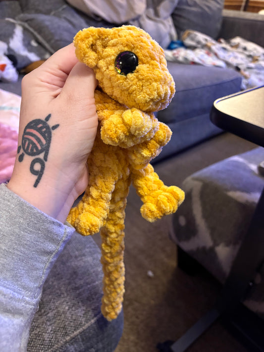 LuvKnotz Small Yellow Dapple Baby Dragon Handmade Crochet - Soft Chenille Yarn, Approx. 14" Long, pink Eyes, OOAK stuffed animals