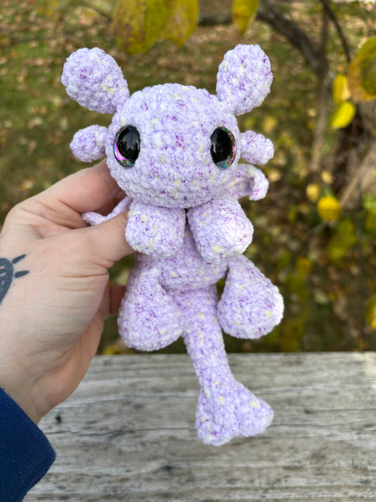 Floppy Multi Purple - LuvKnotz Baby Dragon Handmade Crochet - Soft Chenille Yarn, Approx. 10” Long, Hand Painted Eyes, OOAK stuffed animals