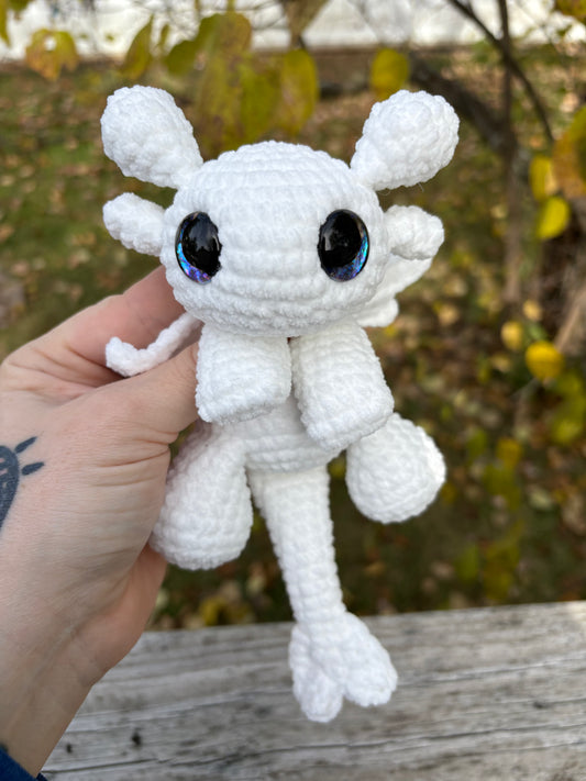 Floppy White - LuvKnotz Medium Dragon Handmade Crochet - Soft Chenille Yarn, Approx. 10” Long, Hand Painted Eyes, OOAK stuffed animals