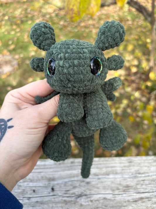 Floppy Dark Green - LuvKnotz Baby Dragon Handmade Crochet - Soft Chenille Yarn, Approx. 10” Long, Hand Painted Eyes, OOAK stuffed animals