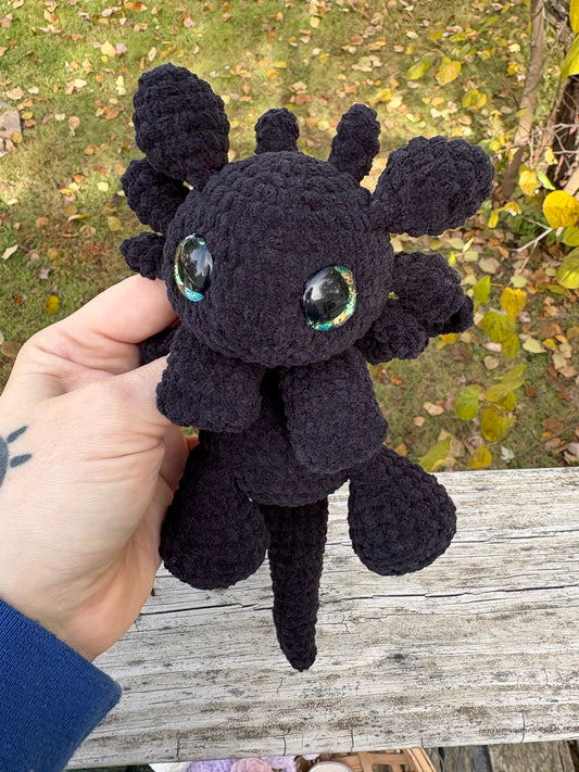 Floppy Black - LuvKnotz Baby Dragon Handmade Crochet - Soft Chenille Yarn, Approx. 10” Long, Hand Painted Eyes, OOAK stuffed animals