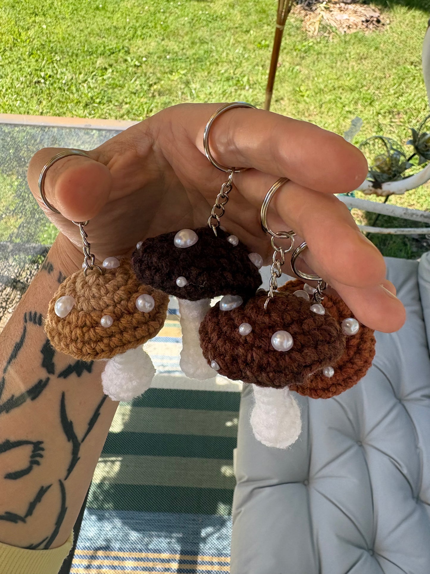 LuvKnotz Small Brown Mushroom Keychain Handmade Crochet - Soft Acrylic Yarn, Approx. 3" Long, OOAK stuffed animals