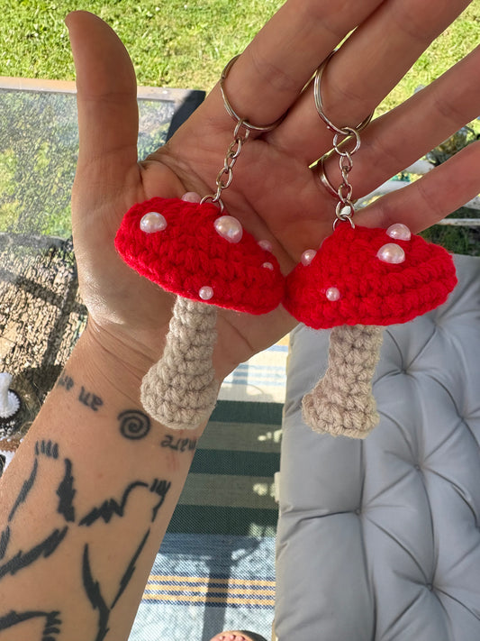 LuvKnotz Small Red Mushroom Keychain Handmade Crochet - Soft Acrylic Yarn, Approx. 3" Long, OOAK stuffed animals