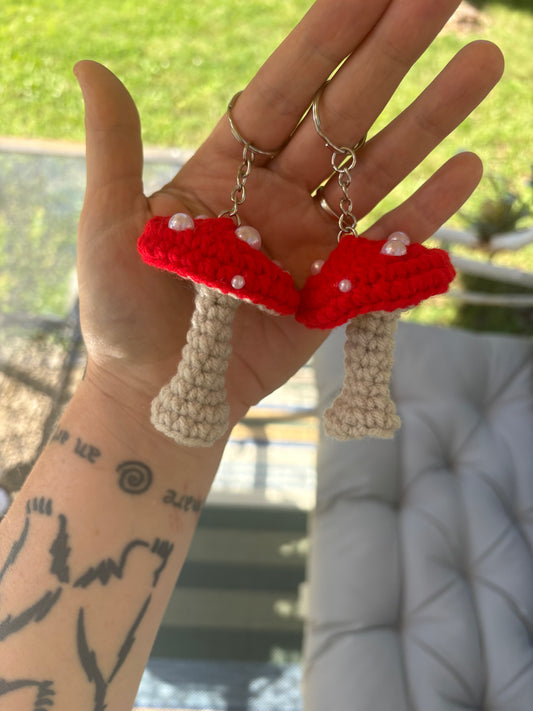 LuvKnotz Small Red Mushroom Keychain Handmade Crochet - Soft Acrylic Yarn, Approx. 3" Long, OOAK stuffed animals