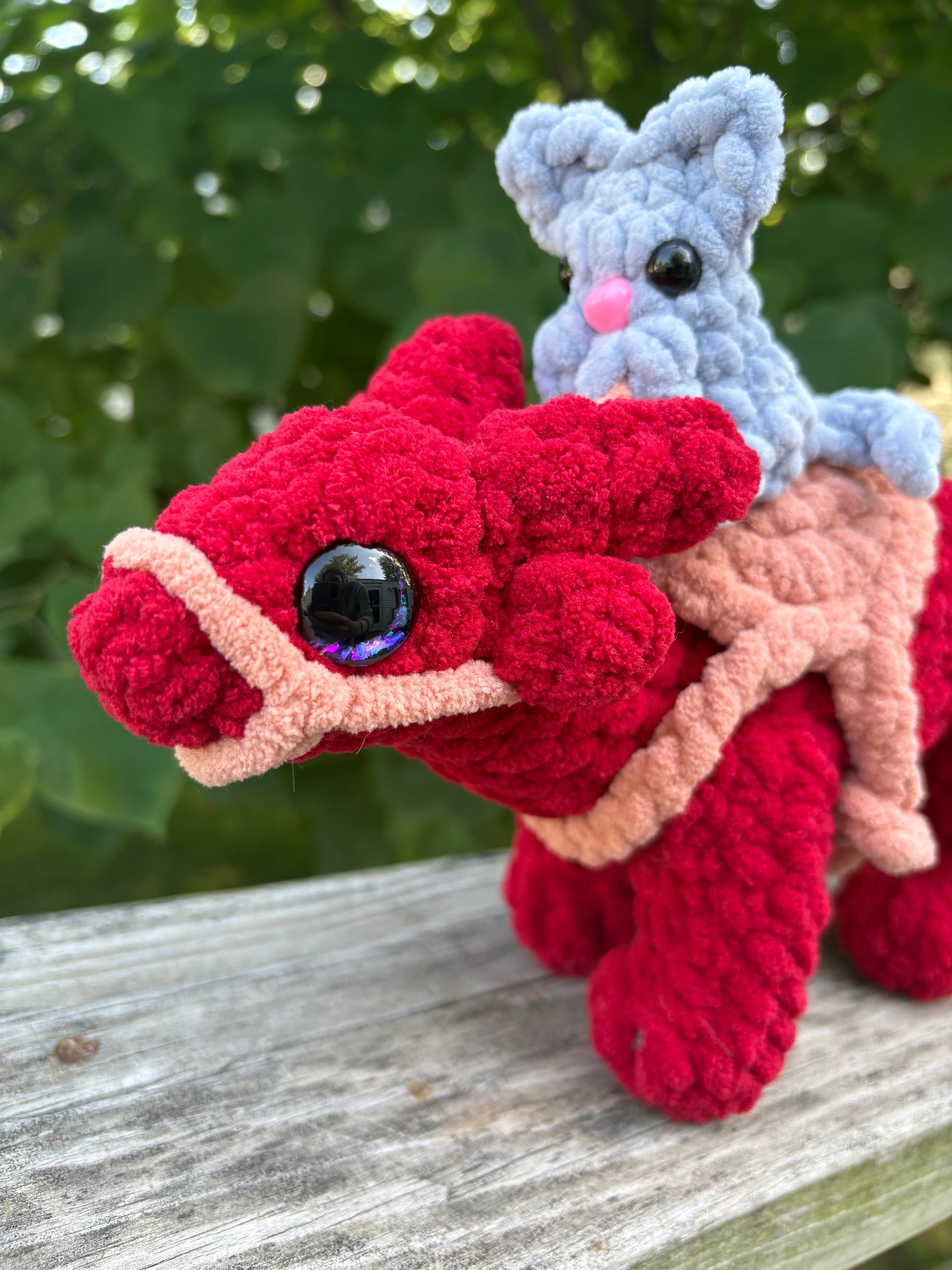 Red Cat 'O Drake - LuvKnotz Large Dragon Handmade Crochet - Soft Chenille Yarn, Approx. 14” Long, Hand Painted Eyes, OOAK stuffed animals