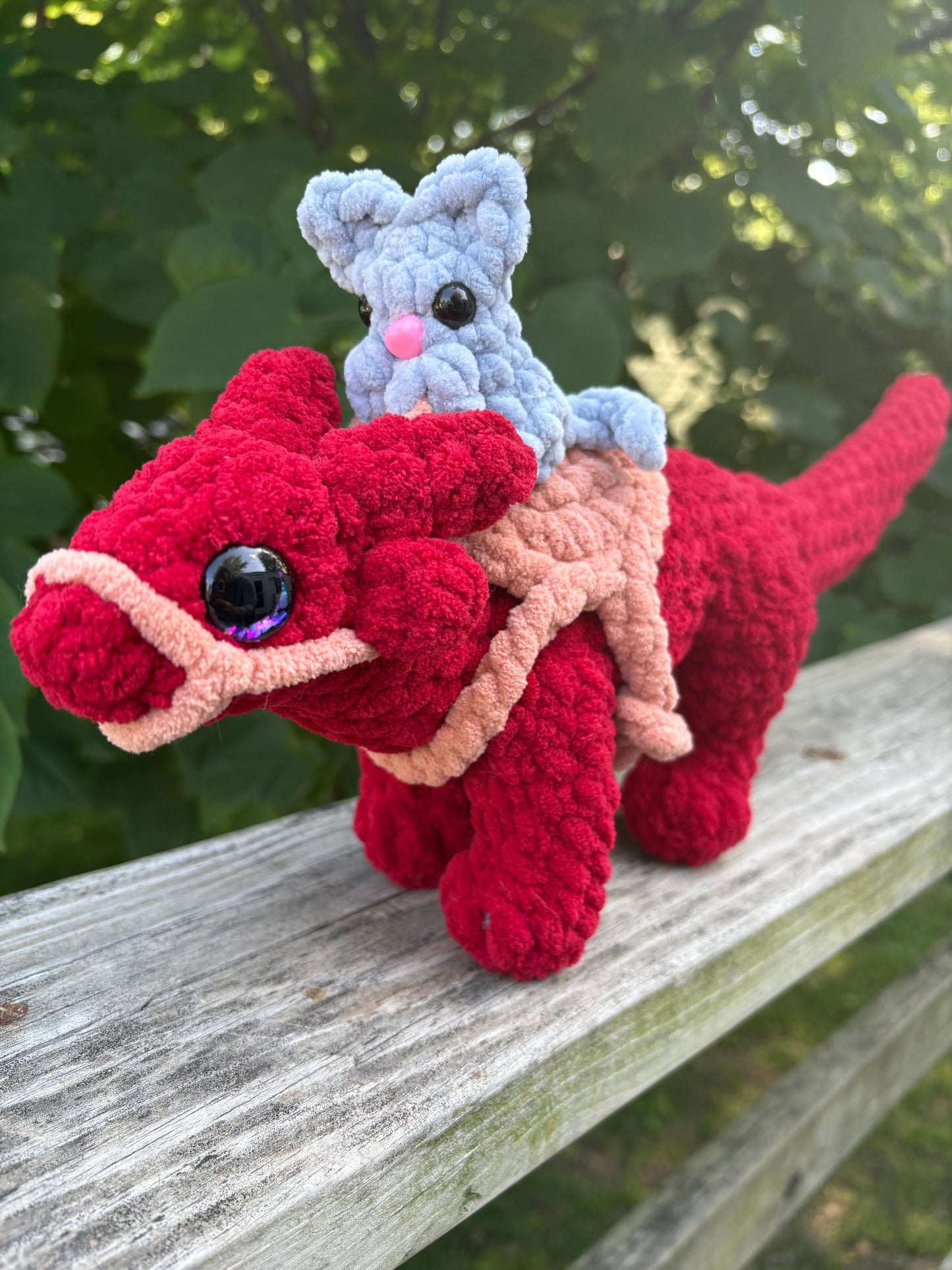 Red Cat 'O Drake - LuvKnotz Large Dragon Handmade Crochet - Soft Chenille Yarn, Approx. 14” Long, Hand Painted Eyes, OOAK stuffed animals