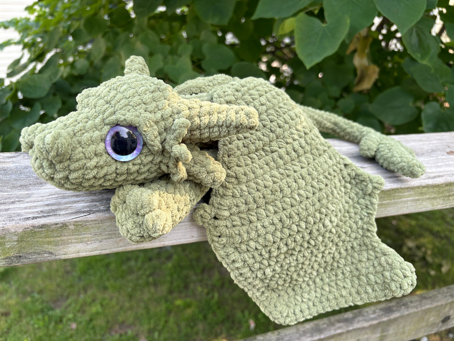 Large Floppy Army Green - LuvKnotz Baby Dragon Handmade Crochet - Soft Chenille Yarn, Approx. 18” Long, Hand Painted Eyes, OOAK stuffed animals