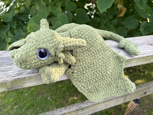 Large Floppy Army Green - LuvKnotz Baby Dragon Handmade Crochet - Soft Chenille Yarn, Approx. 18” Long, Hand Painted Eyes, OOAK stuffed animals