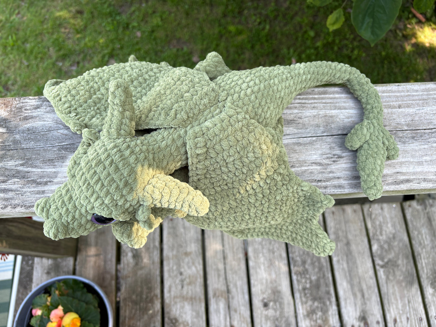 Large Floppy Army Green - LuvKnotz Baby Dragon Handmade Crochet - Soft Chenille Yarn, Approx. 18” Long, Hand Painted Eyes, OOAK stuffed animals