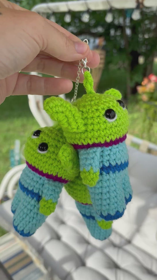 LuvKnotz Green Alien Keychain Handmade Crochet - Soft Acrylic Yarn, Approx. 4" Long, OOAK stuffed animals