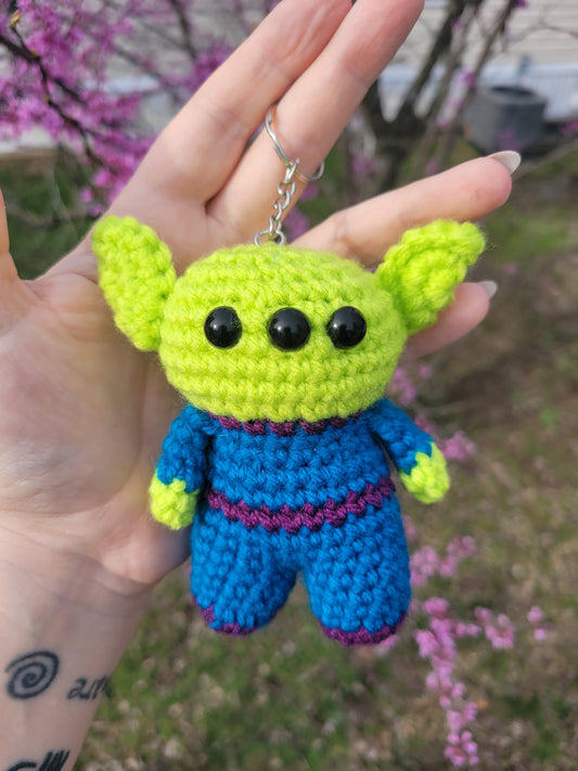 LuvKnotz Green Alien Keychain Handmade Crochet - Soft Acrylic Yarn, Approx. 4" Long, OOAK stuffed animals