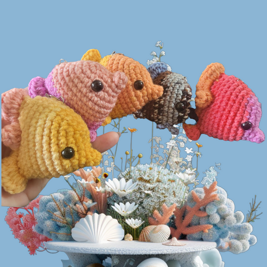 LuvKnotz Tiny Fish Keychain Handmade Crochet - Soft Acrylic Yarn, Approx. 2" Long, OOAK stuffed animals